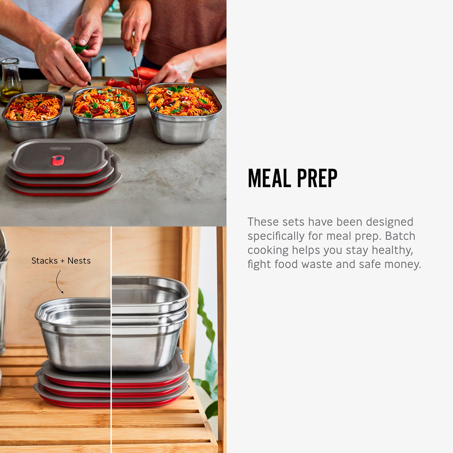 Two images next to text that reads, Meal Prep. These sets have been specifically for meal prep. Batch cooking helps you stay healthy, fight food waste and save money.
