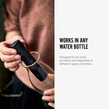 An info graphic featuring an image and text about the Black+Blum Active Charcoal Water Filter. The image is a close up of a person's hands placing the charcoal in a bottle. The text reads, works in any water bottle. Designed to be small, portable and adaptable to different types of bottles.