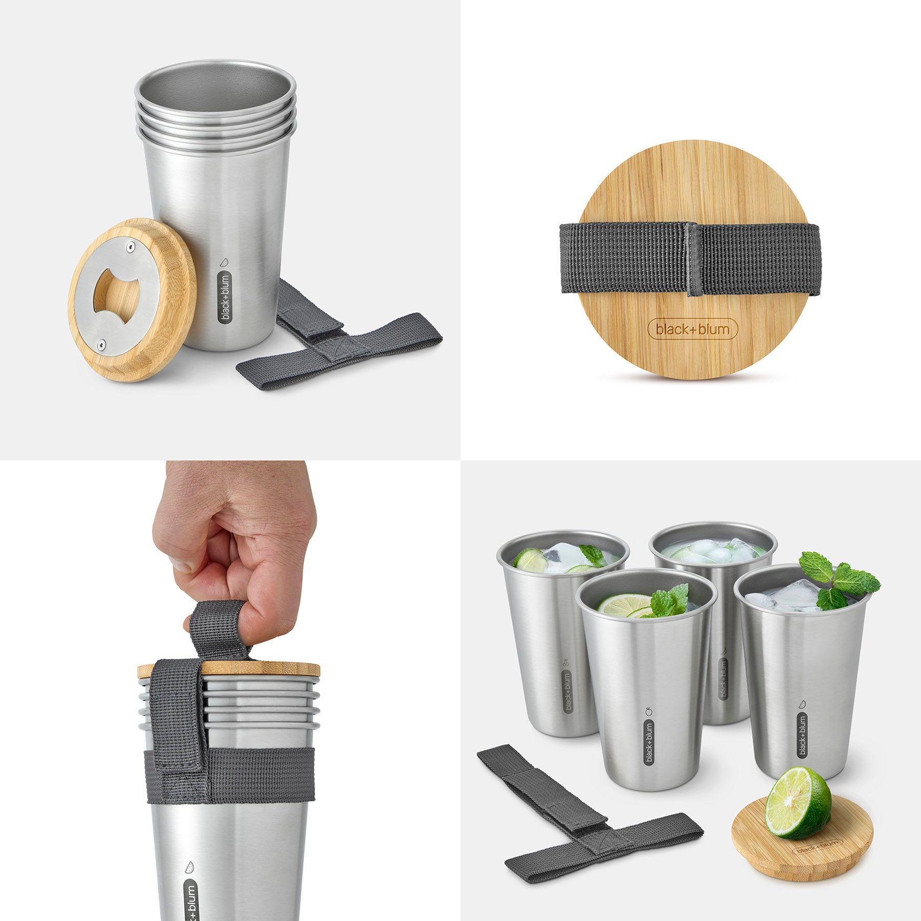 Four whitebackground images of the Black and Blum stainless steel cups. A stack of cups next to the strap and lid, A view of the top of the lid, the strap on the stack of cups being carried and The cups filled with a cocktail topped with limes and mint.