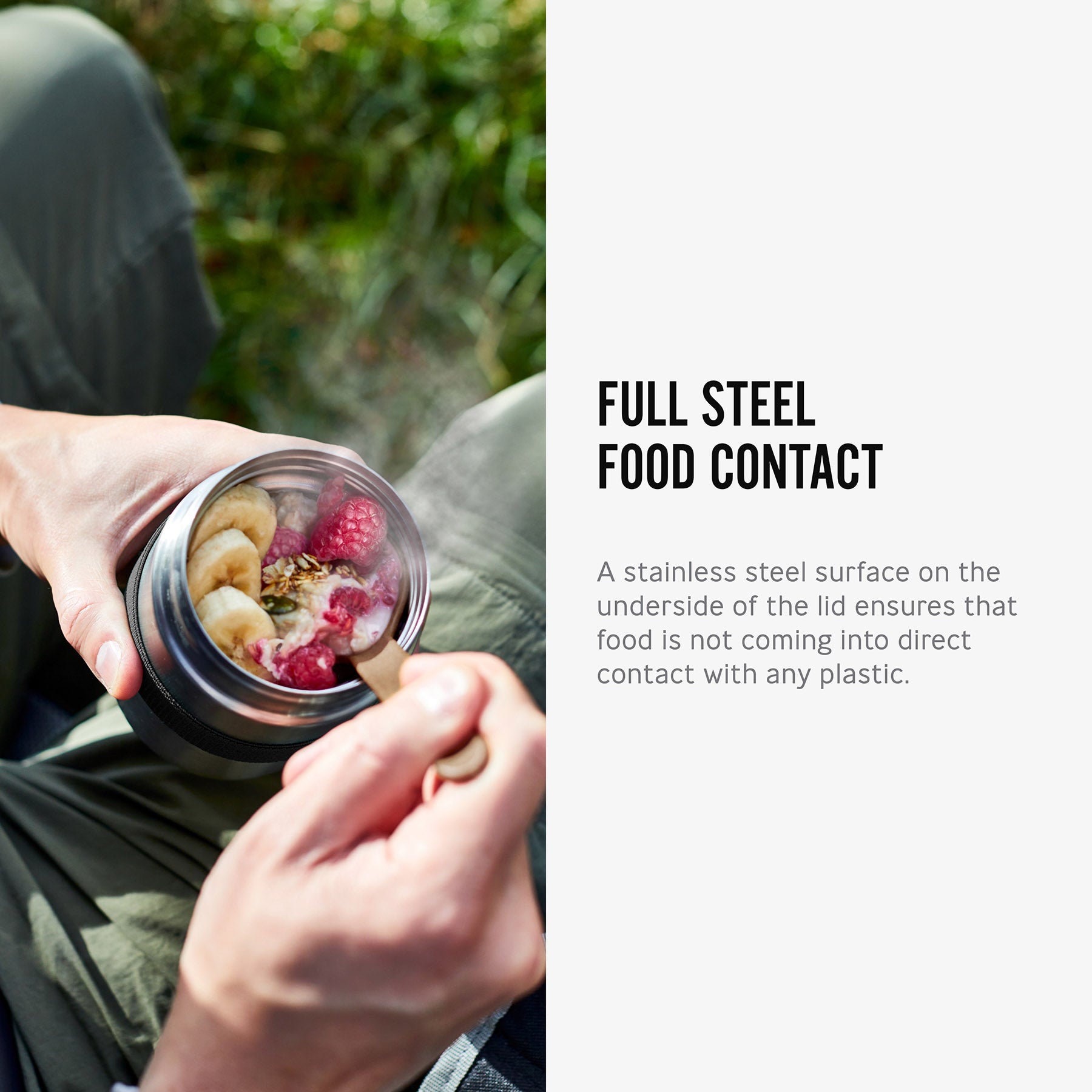 An image alongside text. An open Black + Blum insulated stainless steel food flask with food inside, the ladle is inside ready to scoop some of the food out. The text reads, full steel food contact. A stainless steel surface on the underside of the lid ensures that food is not coming into direct contact with any plastic.  Part of a wide range of reusable stainless steel lunch boxes here at Babipur.