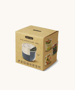 A close up of the brown cardboard packaging holding the Black + Blum leakproof microwave safe glass lunchbowl in slate available at Babipur.