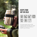 An image of an open Black + Blum insulated stainless steel food flask with the lid off with steam coming out of the top. The text reads, Keeps food hot or cold. The high-quality vaccum 304 stainless steel will keep your food piping hot for up to 6 hours or cold for up to 8 hours.