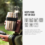 An image of an open Black + Blum insulated stainless steel food flask with the lid off with steam coming out of the top. The text reads, Keeps food hot or cold. The high-quality vaccum 304 stainless steel will keep your food piping hot for up to 6 hours or cold for up to 8 hours.
