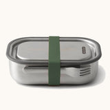 Black+Blum Large Leak Proof Stainless Steel Lunch Box with olive green coloured strap. This lunchbox is part of a wide range of stainless steel lunch box options available here at Babipur.