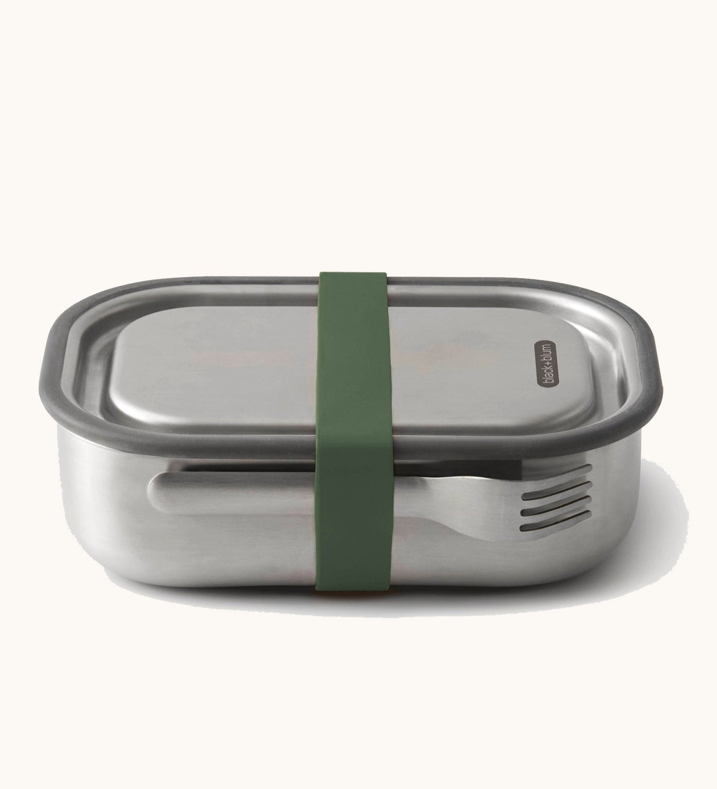 Black+Blum Large Leak Proof Stainless Steel Lunch Box with olive green coloured strap. This lunchbox is part of a wide range of stainless steel lunch box options available here at Babipur.