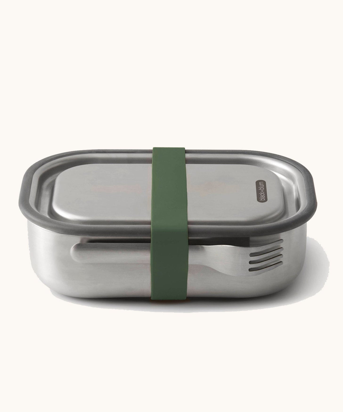 Black+Blum Large Leak Proof Stainless Steel Lunch Box with olive green coloured strap. This lunchbox is part of a wide range of stainless steel lunch box options available here at Babipur.