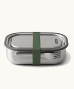 Black+Blum Large Leak Proof Stainless Steel Lunch Box with olive green coloured strap. This lunchbox is part of a wide range of stainless steel lunch box options available here at Babipur.