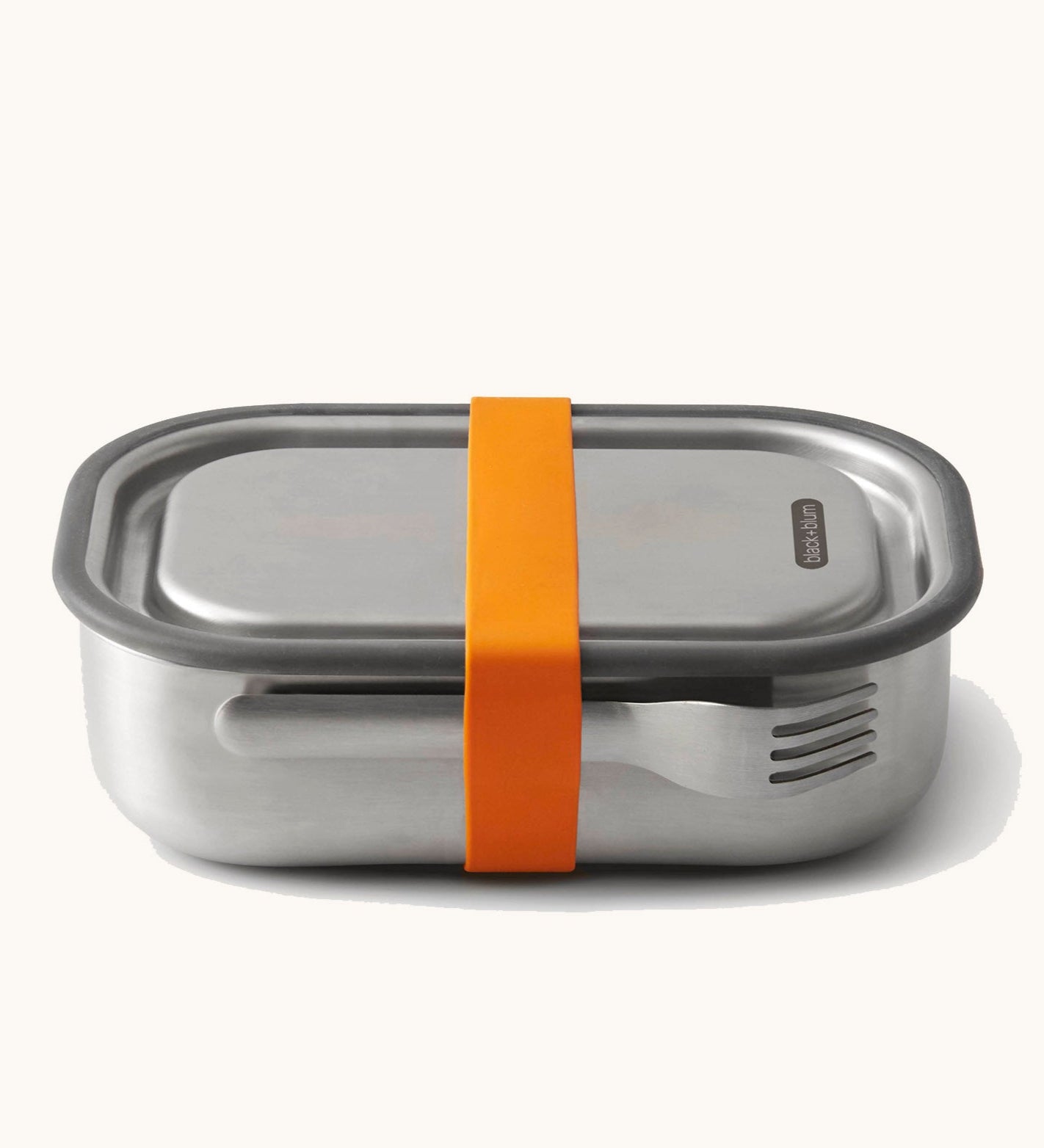Black+Blum Large Leak Proof Stainless Steel Lunch Box with orange coloured strap. This lunchbox is part of a wide range of stainless steel lunch box options available here at Babipur.