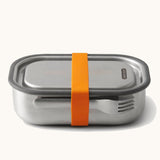 Black+Blum Large Leak Proof Stainless Steel Lunch Box with orange coloured strap. This lunchbox is part of a wide range of stainless steel lunch box options available here at Babipur.