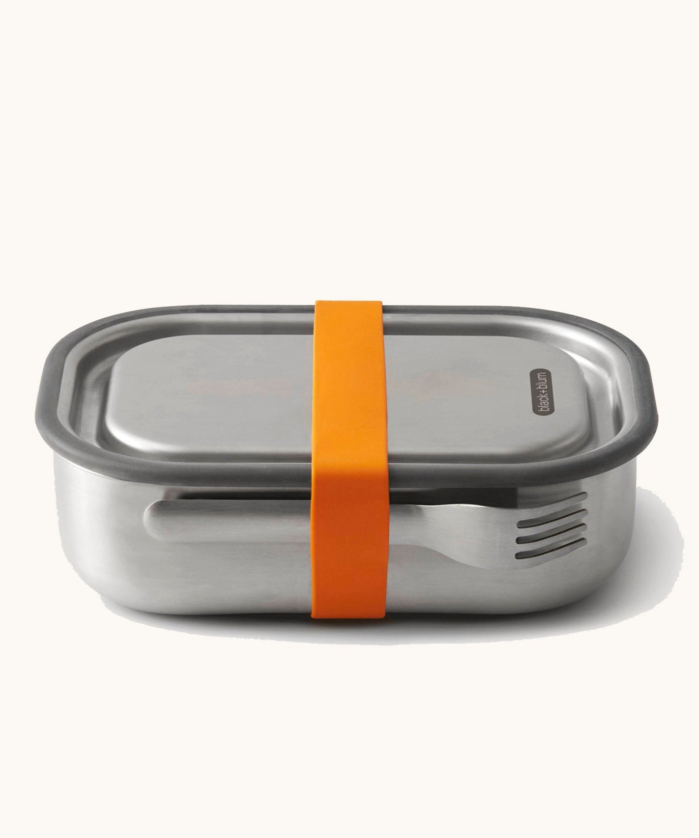 Black+Blum Large Leak Proof Stainless Steel Lunch Box with orange coloured strap. This lunchbox is part of a wide range of stainless steel lunch box options available here at Babipur.