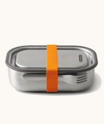 Black+Blum Large Leak Proof Stainless Steel Lunch Box with orange coloured strap. This lunchbox is part of a wide range of stainless steel lunch box options available here at Babipur.