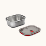Black + Blum 600ml stainless steel microwave safe leakproof lunchbox  with the lid removed. Lunchbox available at Babipur.