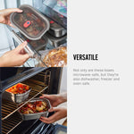 Two images of black and blum stainless steel meal prep boxes in use next to test that reads - Varsatile. Not only are these boxes microwave-safe, but they're also dishwasher, freezer and oven-safe.