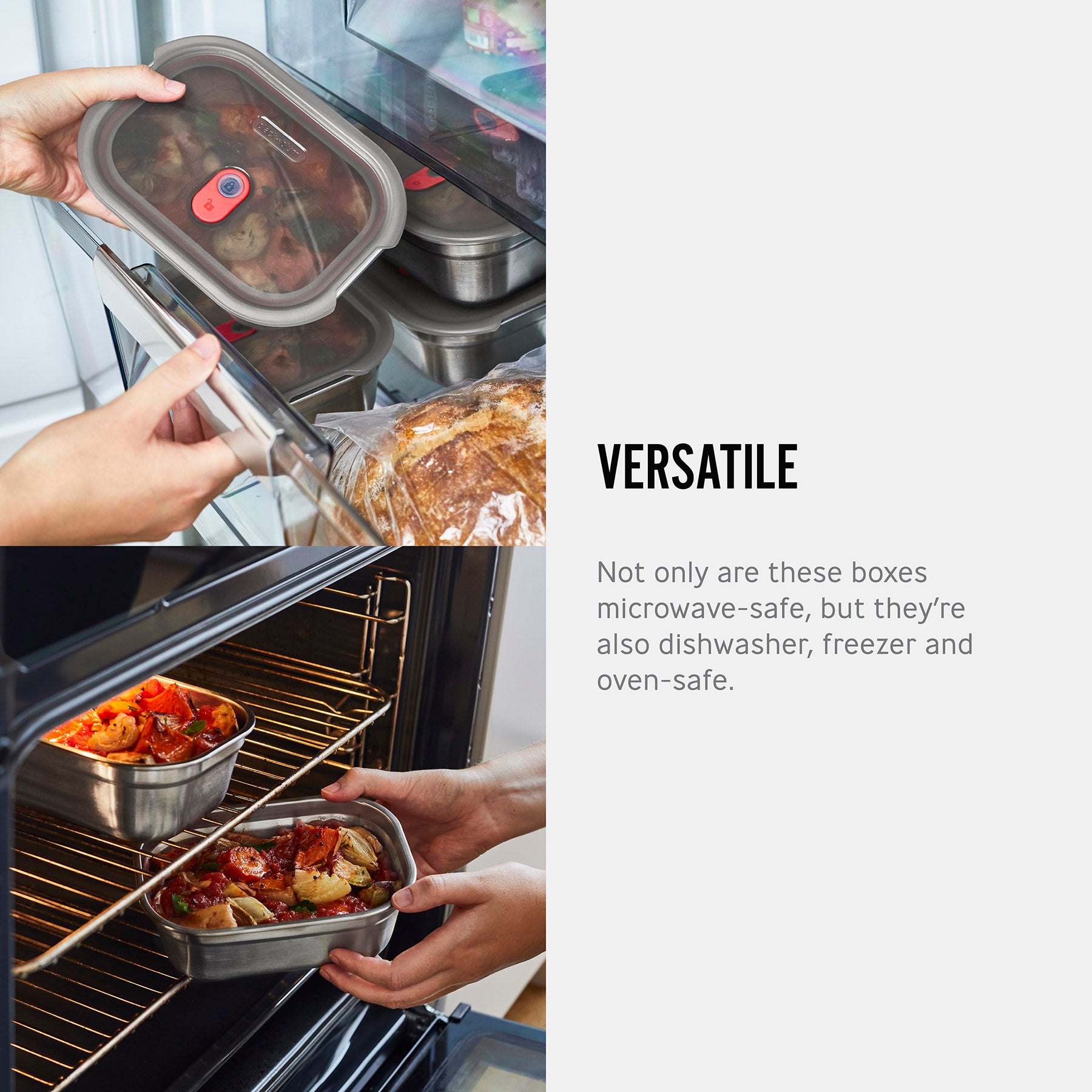 Two images of black and blum stainless steel meal prep boxes in use next to test that reads - Varsatile. Not only are these boxes microwave-safe, but they're also dishwasher, freezer and oven-safe.