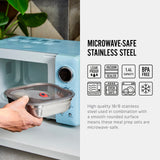 An image of one of the Black and Blum meal prep boxes being placed in a microwave next to an infographic that features the symbols for leak-proof, vaccum sealed, 1.4L capacity, BPA free, microwave safe, oven safe, dishwasher safe and freezer safe. The text reads, high quality 18/8 stainless steel used in combination with a smooth rounded surface means these meal prep sets are microwave safe.