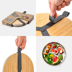 Four images placed in a square, The first showing the plates and the lid in their cardboard packaging sleeve. The second shows a close up of the nylon strap being opened. The third shows a close up of the carrying loop with the plates and lid being carried. the fourth photo shows a plate with food on.