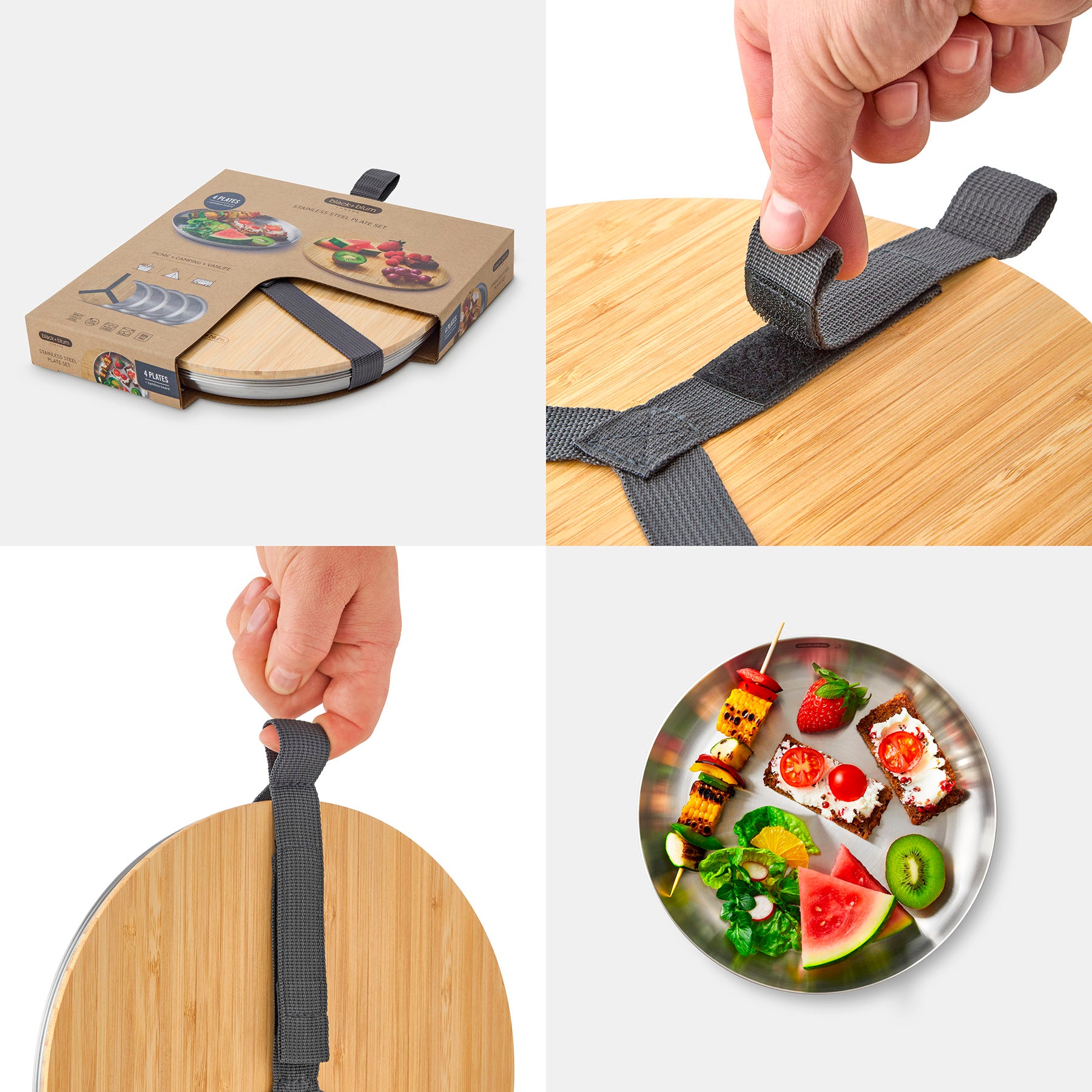 Four images placed in a square, The first showing the plates and the lid in their cardboard packaging sleeve. The second shows a close up of the nylon strap being opened. The third shows a close up of the carrying loop with the plates and lid being carried. the fourth photo shows a plate with food on.