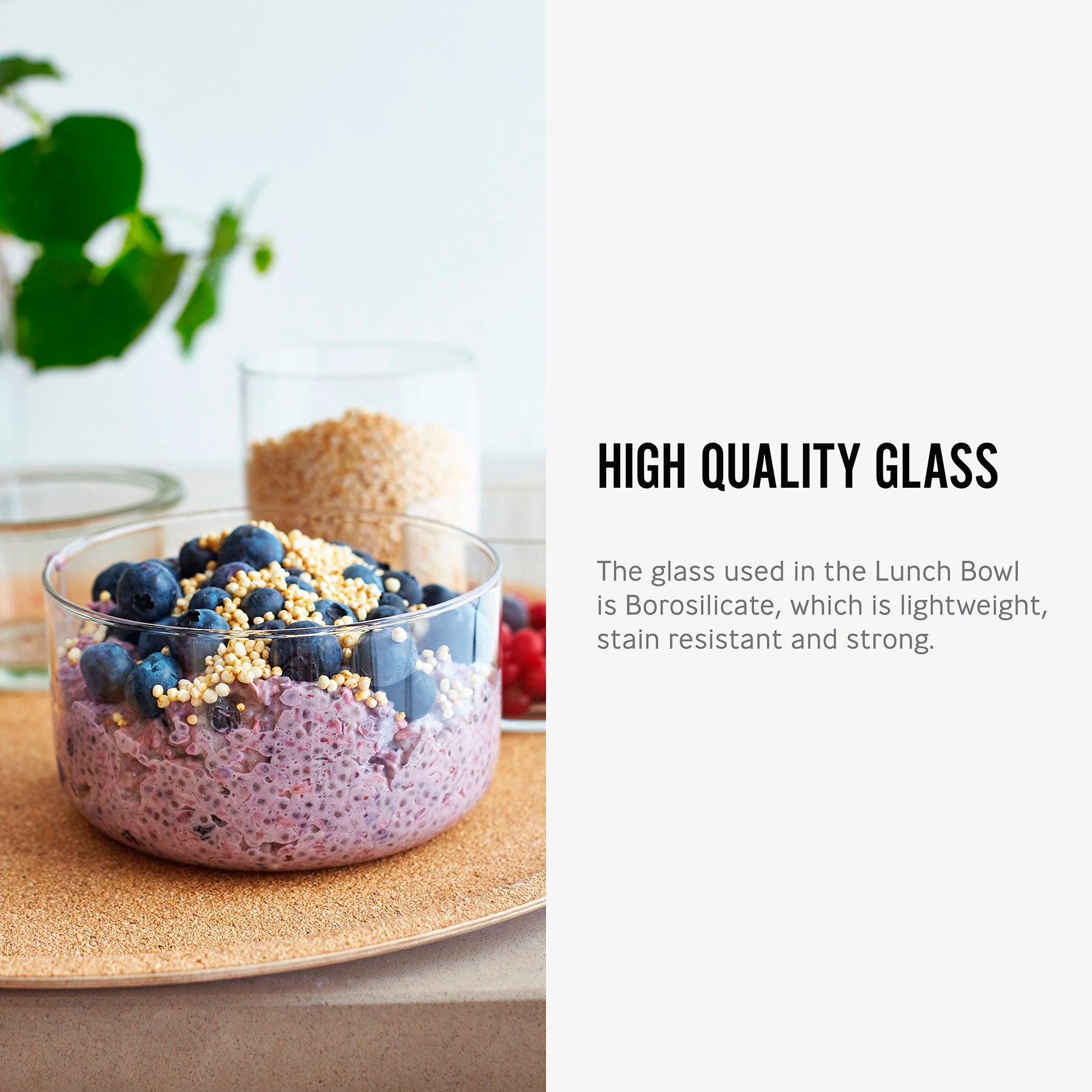 The glass bowl from the Black+Blum Leakproof Microwave Safe Glass Lunch Bowl shown filled with food. The text alongside reads, High quality glass. The glass in the lunch bowl is Borosilicate, which is lightweight, stain resistant and strong.