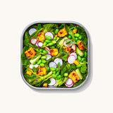 A close up of a Black + Blum square stainless steel leakproof microwave safe lunchbox showing a salad dish inside the lunchbox