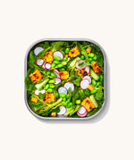 A close up of a Black + Blum square stainless steel leakproof microwave safe lunchbox showing a salad dish inside the lunchbox