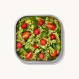 A close up of a Black + Blum square stainless steel leakproof microwave safe lunchbox showing a pasta dish inside the lunchbox