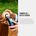 An info graphic featuring an image of the bamboo lid with bottle opener feature in use showing a close up of a person using it to open a beer bottle. The text read, bamboo lid and bottle opener. Includes  a bamboo lid with an underside bottle opener, that also doubles as a mini chopping board. Stack and over your cups once used to contain any mess.