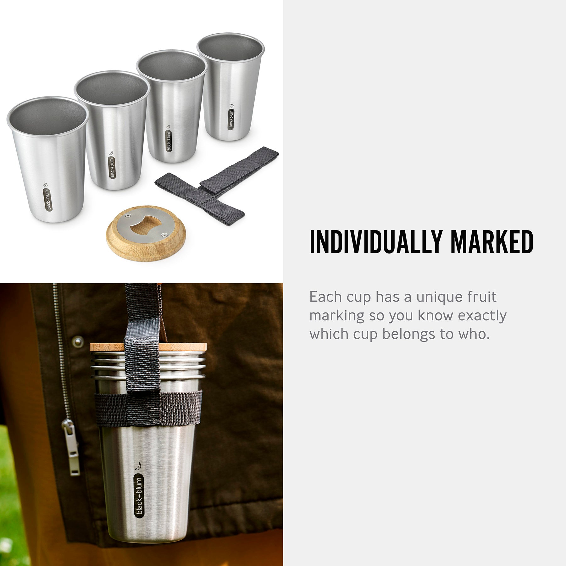 An info graphic featuring images of the cups of a white background and an mage of them in use alongside text. The text reads, Individually marked. Each cup has a unique fruit marking so you know exactly which cup belongs to who.