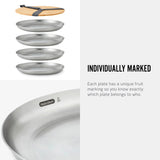 An infographic with images and next. The Images are white background images showinf the placed and lid and a close up of one of the individual fruit marking. The text reads, Individually marked. Each plate has a unique fruit marking so you know exactly which plate belongs to who.