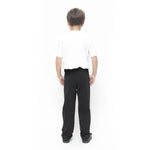 with a white polo shirt and black shoes
