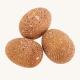 3 brown speckled wooden dinosaur eggs on a cream background