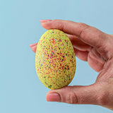 An adult holding one of the eggs from the Bumbu stegosaurus egg set.