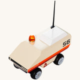 CandyLab cream orange and red Rover space vehicle with the number 56 on the side and a black antenna - top detail view.