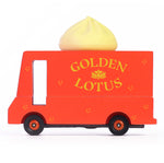 Candylab handmade red wooden truck toy with a miniature Chinese dumpling on the top