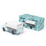 Candylab kids wooden mini zebra drifter toy car on a white background next to its blue box