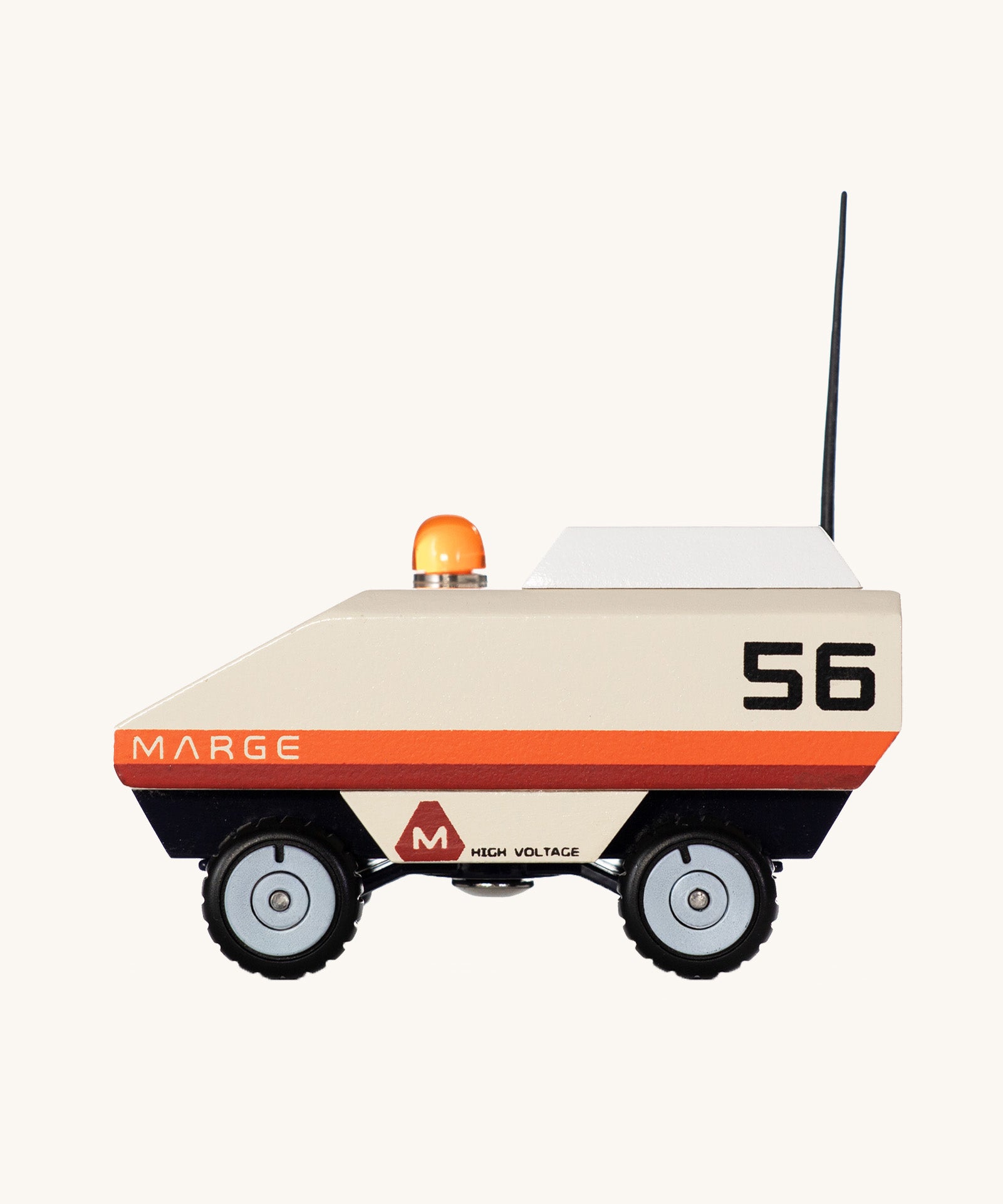 CandyLab cream orange and red Rover space vehicle with the number 56 on the side and a black antenna.