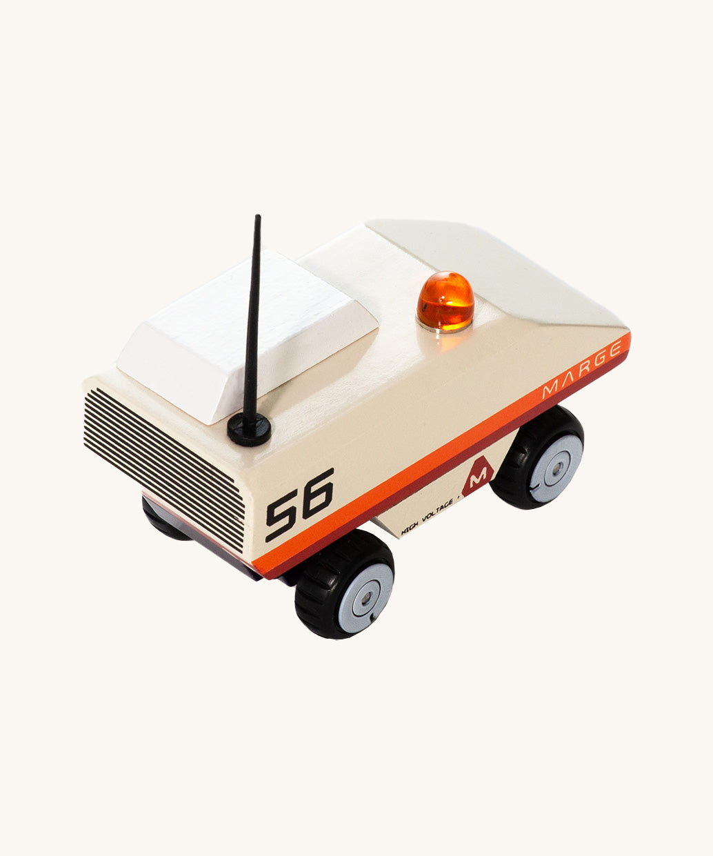 CandyLab cream orange and red Rover space vehicle with the number 56 on the side and a black antenna - back detail view.