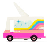The Candyvan Unicorn 2.0 Van with colourful stripes and a Unicorn horn topper, on a white background