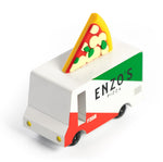 Candylab wooden pizza truck toy with a miniature pizza slice on top