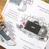 Pages of The Cats Who Wanted More childrens book open on a wooden background showing illustrations of cats and humans in front of a laptop