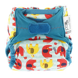 Front of the Close babipur elephant pop-in velcro reusable baby nappy on a white background