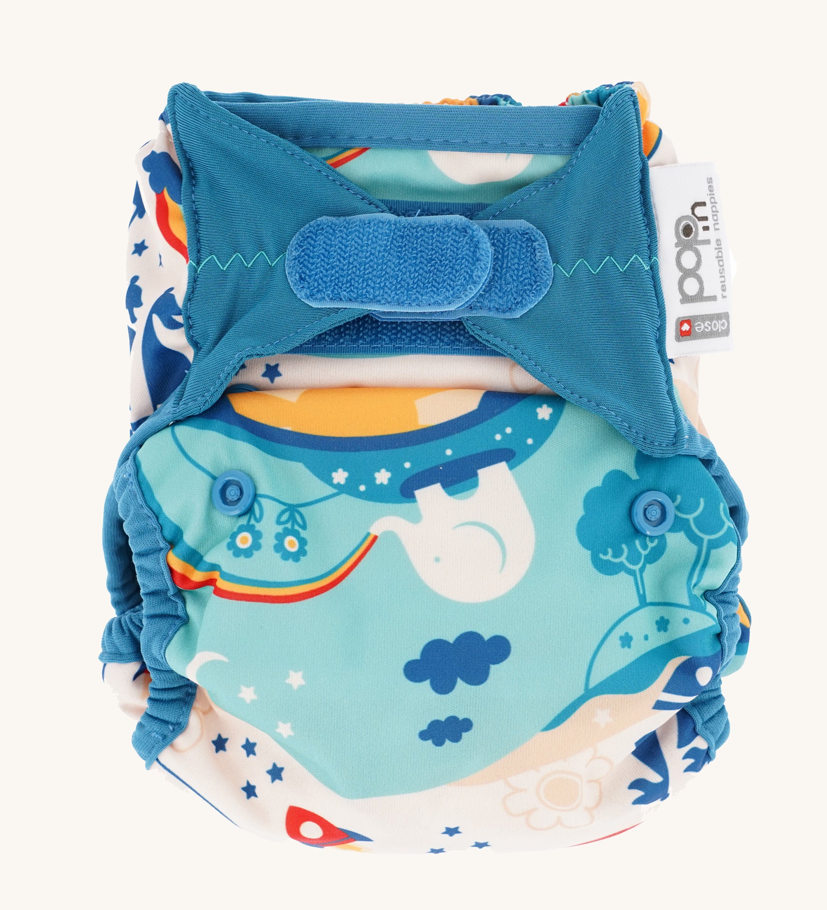 The Close Pop-In x Babipur exclusive reusable nappy wrap, in a Babipur World print