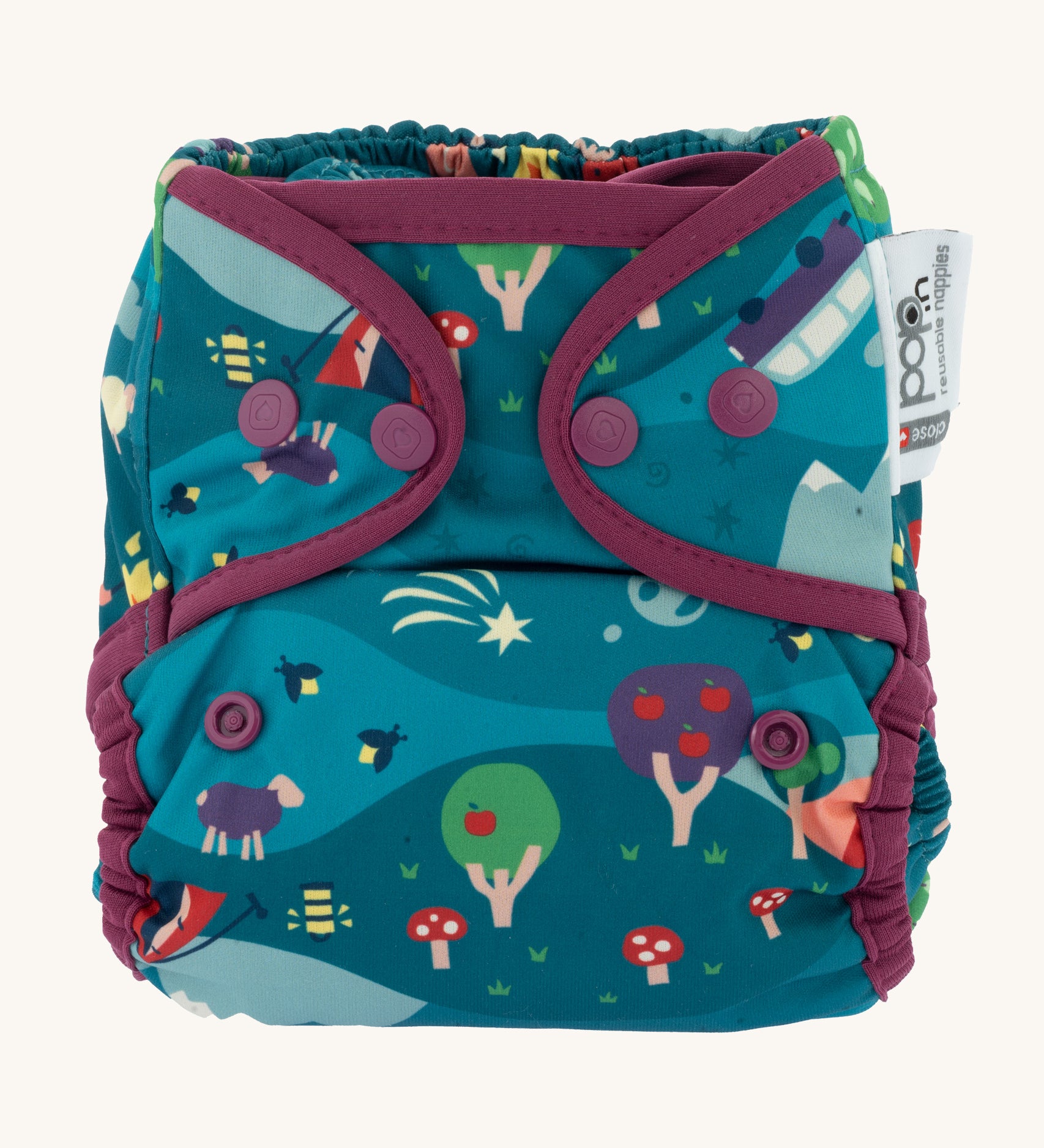 The Close Parent x Babipur exclusive pop-in reusable cloth nappy, in a Dan y Ser print