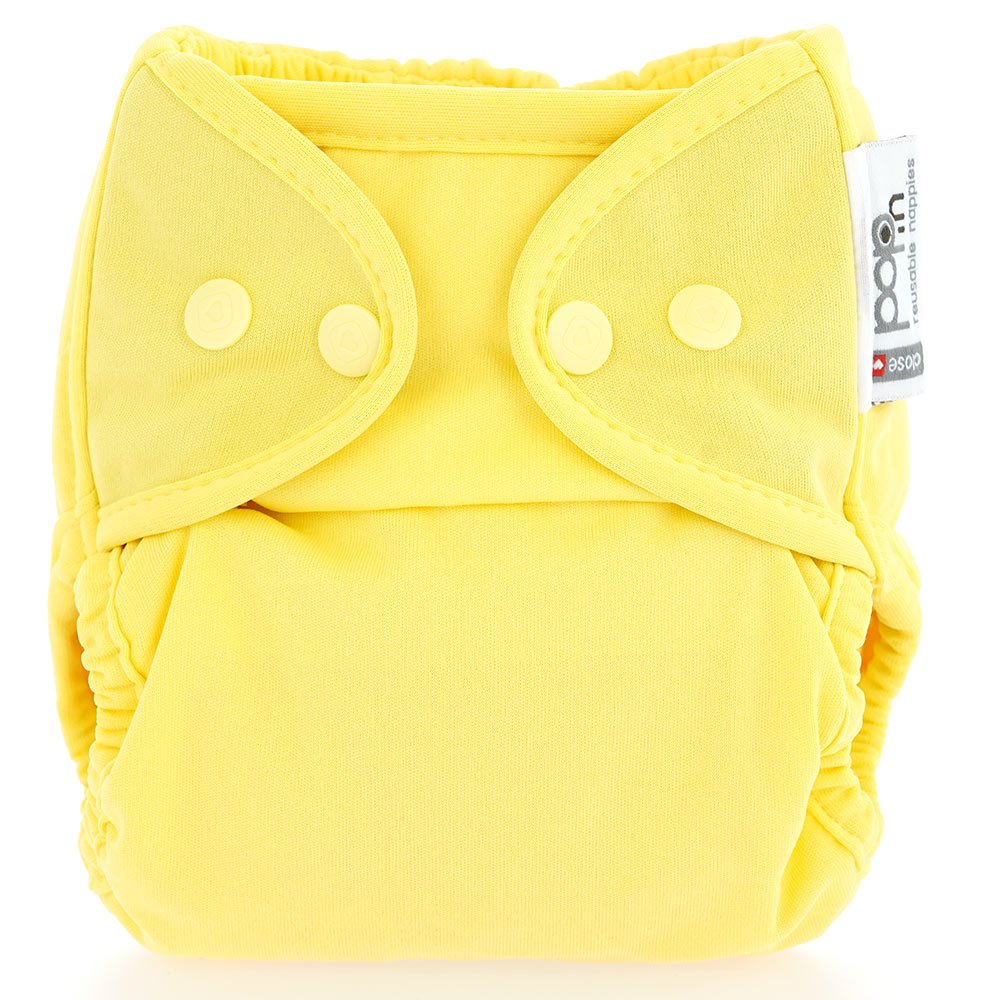 The Close Parent Pop-In reusable cloth nappy with popper fastenings, in sunshine yellow.