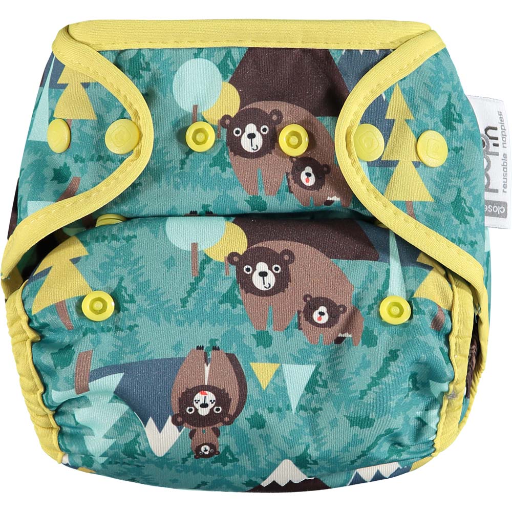 The Close Pop-In +bamboo reusable cloth nappy with adjustable popper closures, in a bear print