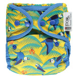The Close Pop-In +bamboo reusable cloth nappy with adjustable popper closures, in a parrot print