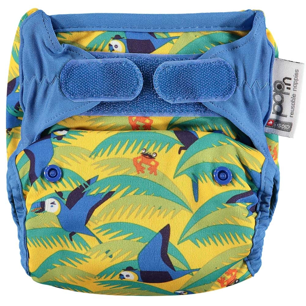 The Close Pop-In +bamboo reusable cloth nappy with adjustable velcro closures, in a parrot print