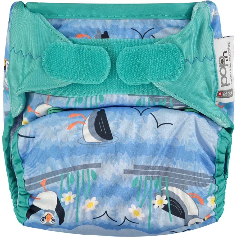 The Close Pop-In +bamboo reusable cloth nappy with adjustable velcro closures, in a puffin print