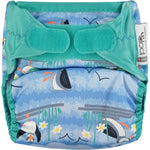 The Close Pop-In +bamboo reusable cloth nappy with adjustable velcro closures, in a puffin print