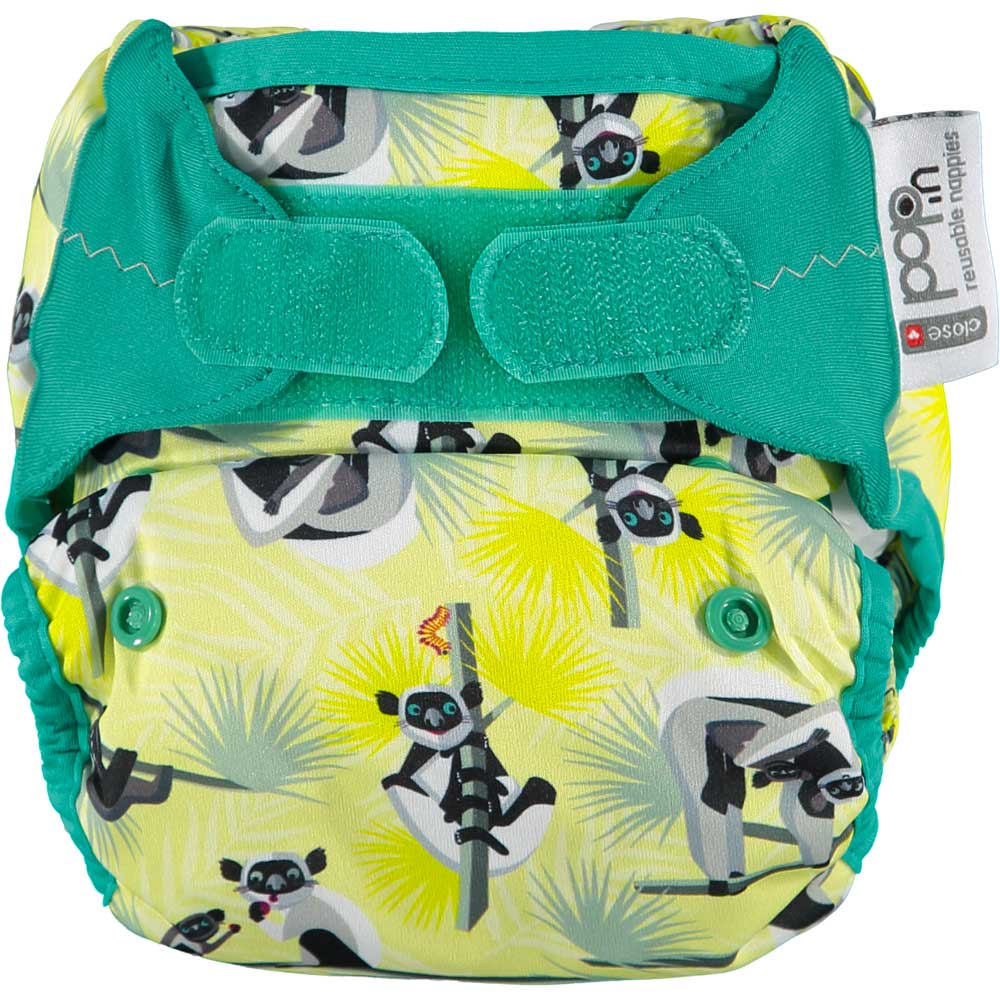The Close Pop-In +bamboo reusable cloth nappy with adjustable velcro closures, in a lemur print