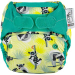The Close Pop-In +bamboo reusable cloth nappy with adjustable velcro closures, in a lemur print